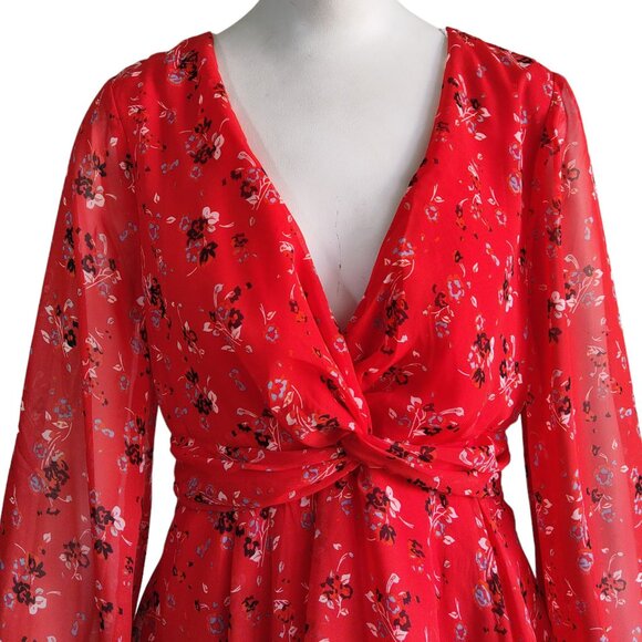 AAKAA Twist Bodice w Peplum Abstract Floral Sheer Flowy Mini Dress Lined S NWT - Picture 5 of 13